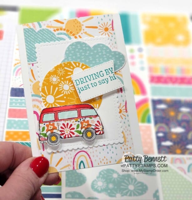 Adorable Note Card with the paper piecing technique and the Driving By Sale-a-Bration stamp set from Stampin' UP! VW Bus and Pattern Party flower paper.