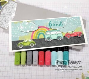 Sale-a-Bration 2022 Slimline Card idea featuring Sunshine & Rainbows paper, Driving By stamp set and Cloud Punch by Patty Bennett