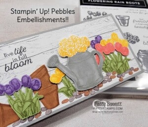 Stampin' UP! Pebbles Enamel shapes embellishments are the perfect compliment to the Rain Boots bundle. Slimline card idea from Patty Bennett