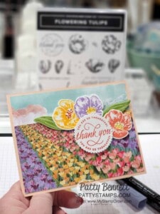 Flowering Tulips bundle card idea featuring Stampin' Up! Flowering Fields designer paper, by Patty Bennett