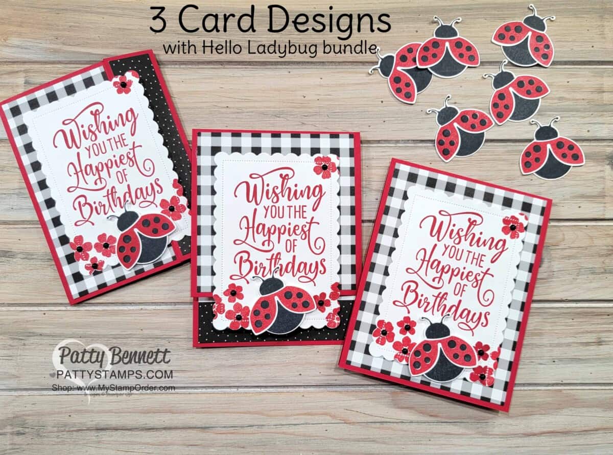 Hello Ladybug card ideas featuring Pattern Party black and white gingham paper. Stampin UP! rewards - host - gift option.
