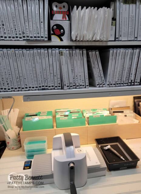 Patty's die cutting station for Stampin' Cut & Emboss machine and dies on magnet cards in Creative Crates from Stamp-n-Storage. 