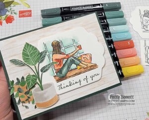 In the Moment stamp set "lady in the window" image colored with Stampin' Blends markers and plants from the Bloom Where you are Planted DSP pack. by Patty Bennett