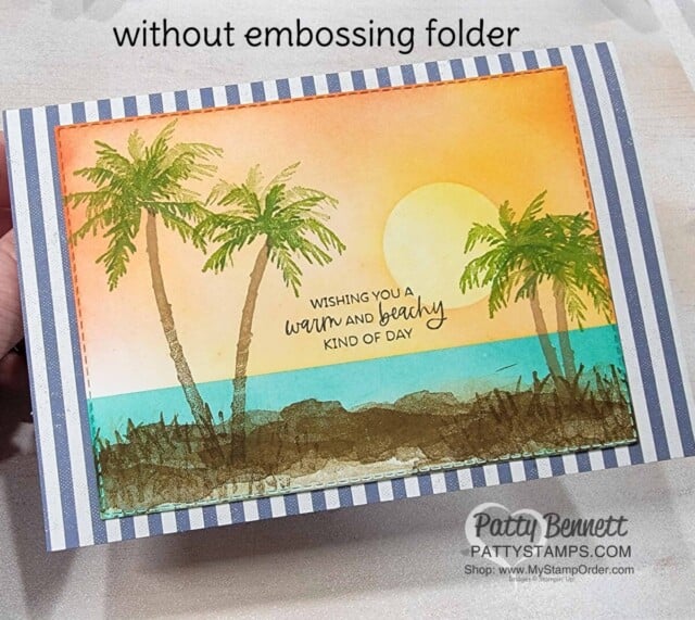 Beautiful sunset card idea featuring Stampin' Up! Paradise palms set, ink and blending brushes by Patty Bennett. Free Video Tutorial!