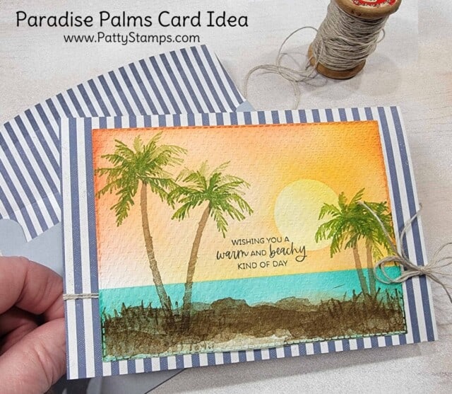 Beautiful sunset card idea featuring Stampin' Up! Paradise palms set, ink and blending brushes and Tasteful Textile embossing folder, by Patty Bennett. Free Video Tutorial!