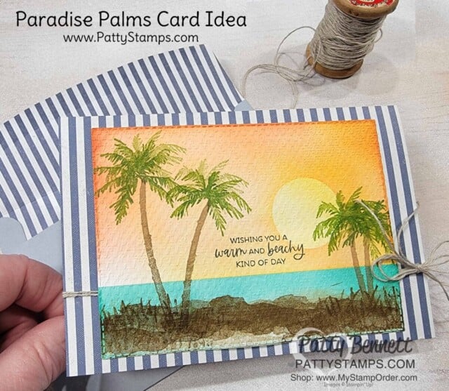 Beautiful sunset card idea featuring Stampin' Up! Paradise palms set, ink and blending brushes and Tasteful Textile embossing folder, by Patty Bennett. Free Video Tutorial!