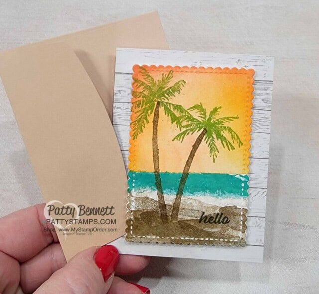 Memories & More Note Card featuring Paradise Palms stamp set and sunset created with Blending Brushes by Patty Bennett