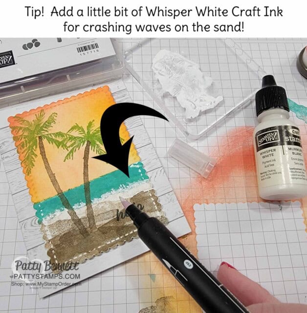 Add white ink for "crashing waves". Memories & More Note Card featuring Paradise Palms stamp set and sunset created with Blending Brushes by Patty Bennett