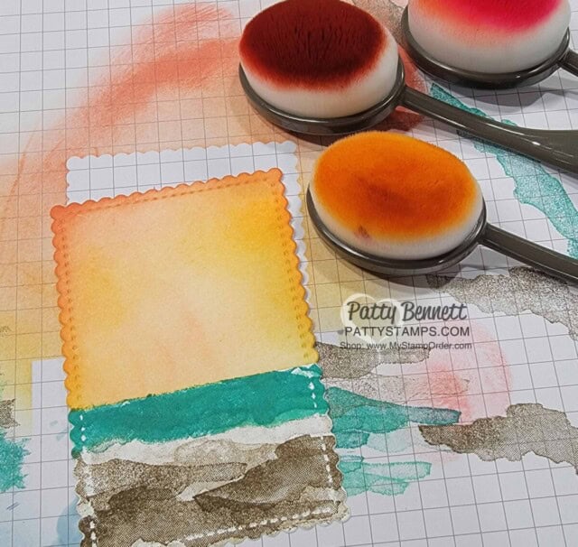 Note Card featuring Paradise Palms stamp set and sunset created with Blending Brushes by Patty Bennett
