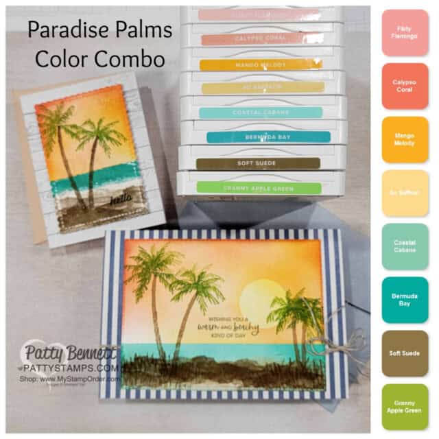 Color Combo for Note Cards featuring Paradise Palms stamp set and sunset created with Blending Brushes by Patty Bennett