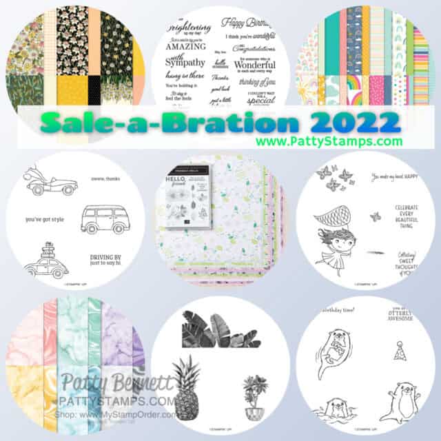Stampin UP! Sale-a-Bration 2022 January February.  Free stamp sets and designer paper with purchase. www.pattystamps.com