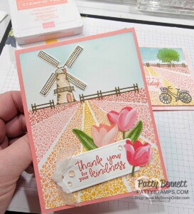 Card idea for the Tulip Fields stamp set from Stampin' Up!. Video tutorial by Patty Bennett. Flowering Fields designer paper pack.