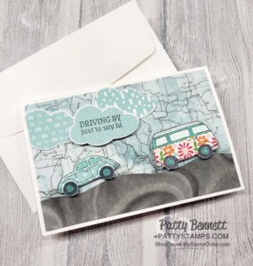 Simply Marbelous paper paired with the Layering Designer vellum map print. Driving By fun card idea by Patty Bennett
