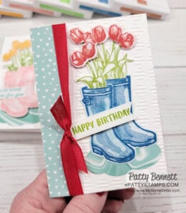 Flowering Rain Boots Stampin UP! bundle stamped on Simply Marbelous designer paper. Note cards by Patty Bennett. Free Video!