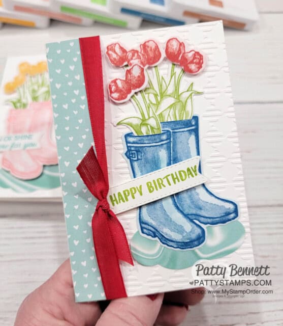 Flowering Rain Boots Stampin UP! bundle stamped on Simply Marbelous designer paper. Note cards by Patty Bennett. Free Video!