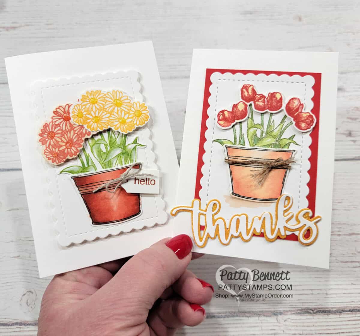 Flowering Rain Boots potted flower note cards featuring Simply Succulent pot colored with Stampin Blends markers.
