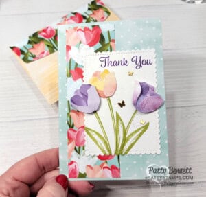 Flowering Tulips created with New Horizons paper, handmade Thank You card featuring Stampin' Up! Hand-Penned Memories & More cards. by Patty Bennett