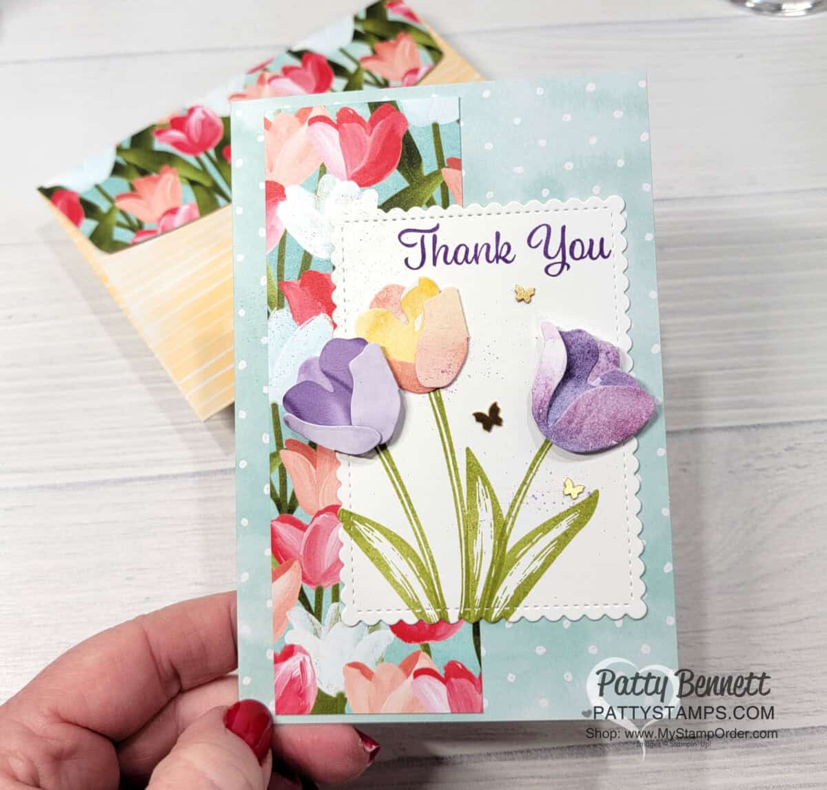 Flowering Tulips created with New Horizons paper, handmade Thank You card featuring Stampin' Up! Hand-Penned Memories & More cards. by Patty Bennett