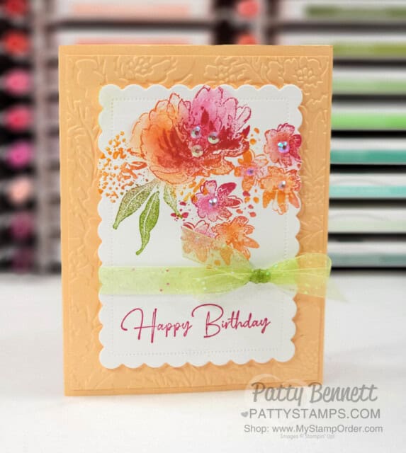Handmade birthday card idea featuring Stampin' Up! Blending Brushes and the Flowing Flowers stamp set, video tutorial by Patty Bennett