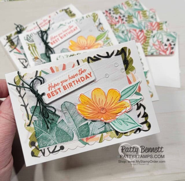 Note Card set featuring Stampin' UP! Island Vibes stamp set and Art in Bloom bundle with Artfully Composed designer paper.