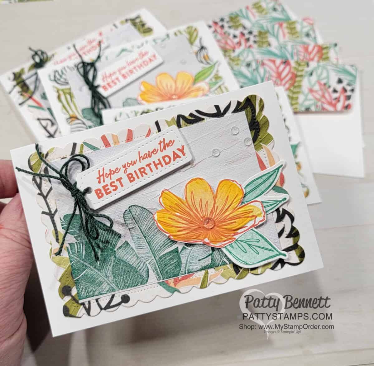 Note Card set featuring Stampin' UP! Island Vibes stamp set and Art in Bloom bundle with Artfully Composed designer paper.