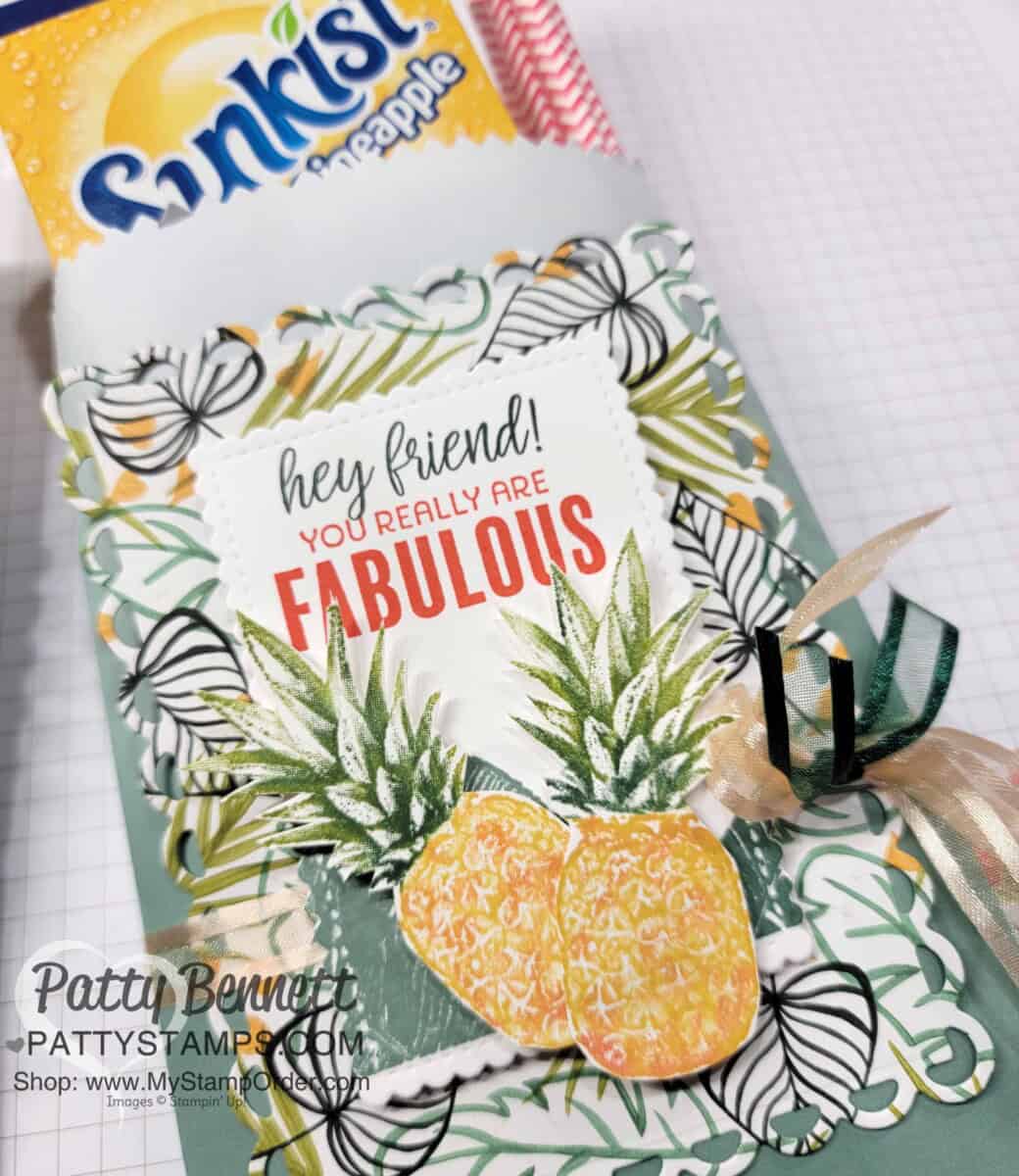 Island Vibes Sale-a-Bration stamp set from Stampin' UP! on Ombre Gift Bag with Scalloped contours die and stamped pineapple.