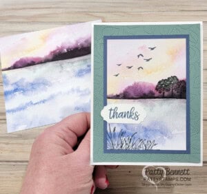 Quick and Easy Note Card featuring Stampin' Up! New Horizons DSP, Stitched Greenery die and On the Horizons stamp set, by Patty Bennett