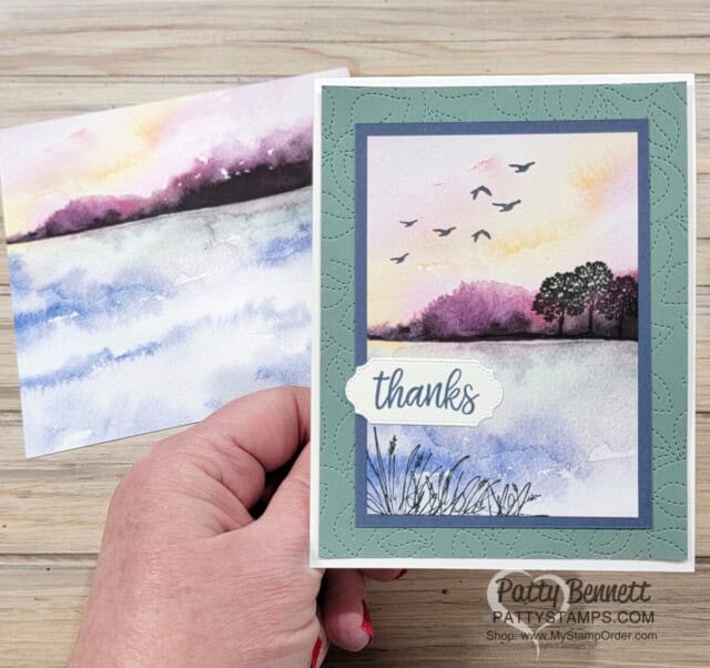 Quick and Easy Note Card featuring Stampin' Up! New Horizons DSP, Stitched Greenery die and On the Horizons stamp set, by Patty Bennett