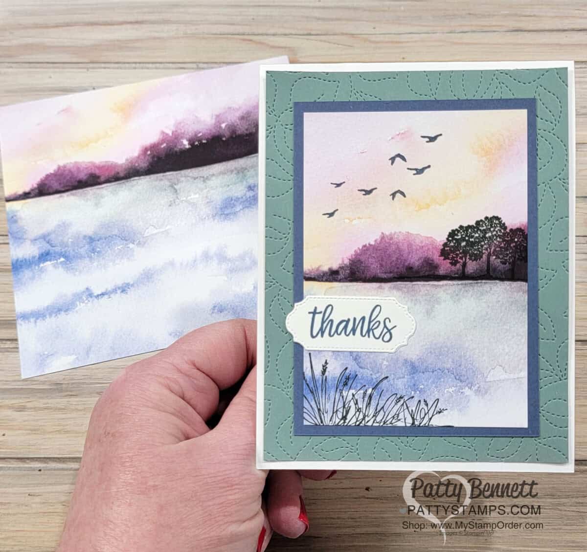 Quick and Easy Note Card featuring Stampin' Up! New Horizons DSP, Stitched Greenery die and On the Horizons stamp set, by Patty Bennett