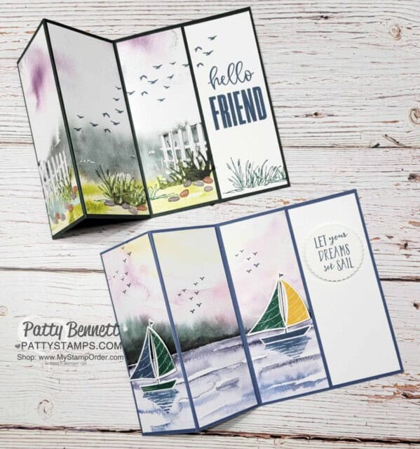 2 New Horizons Tri Fold / Z Fold cards featuring Stampin' UP! designer paper, by Patty Bennett
