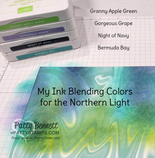 Color Combo for: Stampin' UP! Simply Marbelous Sale-a-Bration paper and ink blended sky for the Northern Lights. by Patty Bennett