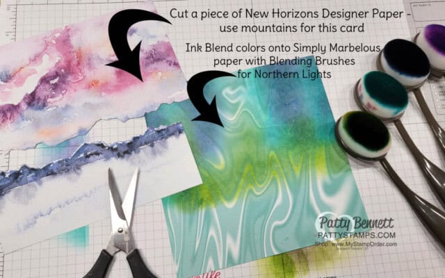 Use Blending Brushes and ink on Stampin' UP! Simply Marbelous paper for a Northern Lights card.  New Horizons paper for mountains. by Patty Bennett