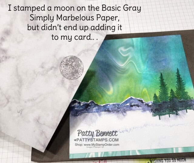 Use Blending Brushes and ink on Stampin' UP! Simply Marbelous paper for a Northern Lights card. New Horizons paper for mountains. by Patty Bennett