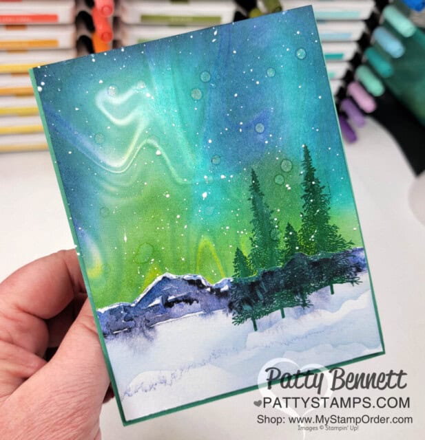 Use Stampin' UP! Simply Marbelous Sale-a-Bration paper to create an ink blended sky for the Northern Lights. by Patty Bennett