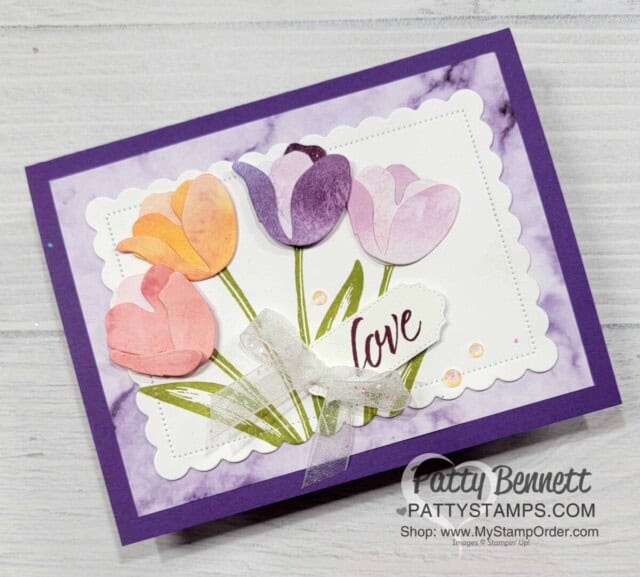 Stampin' UP! Tulips Dies card idea featuring Simply Marbelous and New Horizons designer paper by Patty Bennett