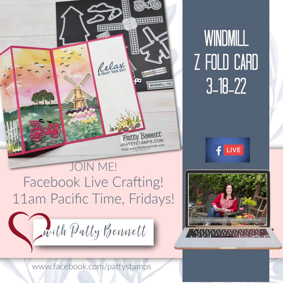 Stampin' UP! Tulip Fields Dies Z Fold Windmill card - Facebook Live today with Patty Bennett