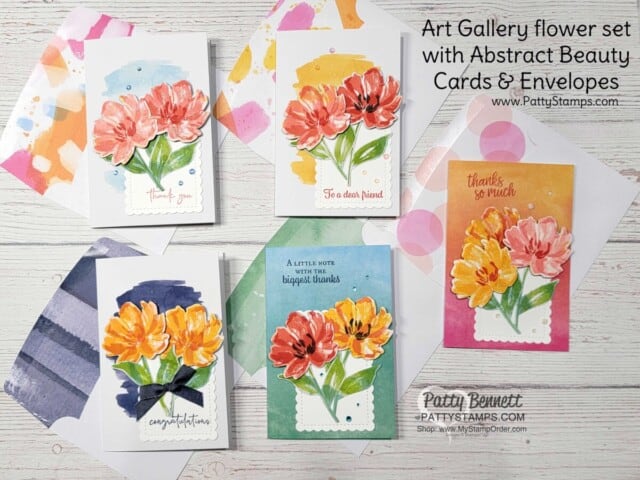 Stamping Art Gallery flowers onto Waves of the Ocean designer paper from Stampin' Up!. 9 card ideas and video from Patty Bennett