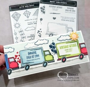 Slimline Birthday Card colored with Stampin' Blends. Best Delivery stamp set birthday card idea also featuring Stampin' Up! Kite Delight set, card by Patty Bennett