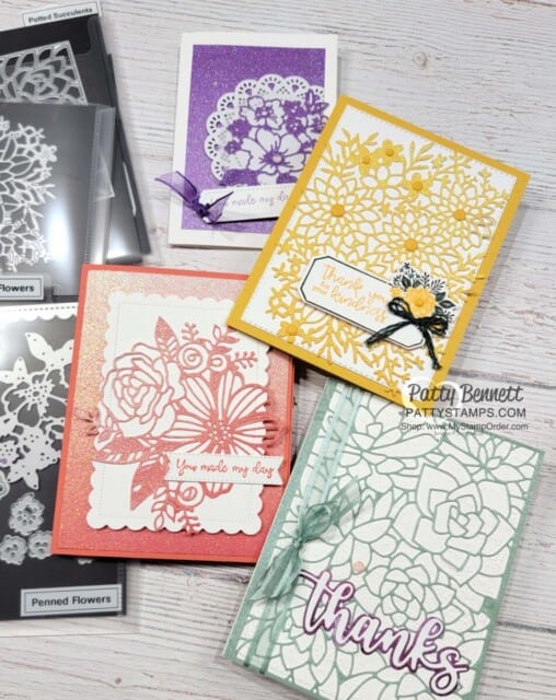 Handmade card ideas featuring Stampin' Up! detailed dies and Ombre Glimmer paper by Patty Bennett