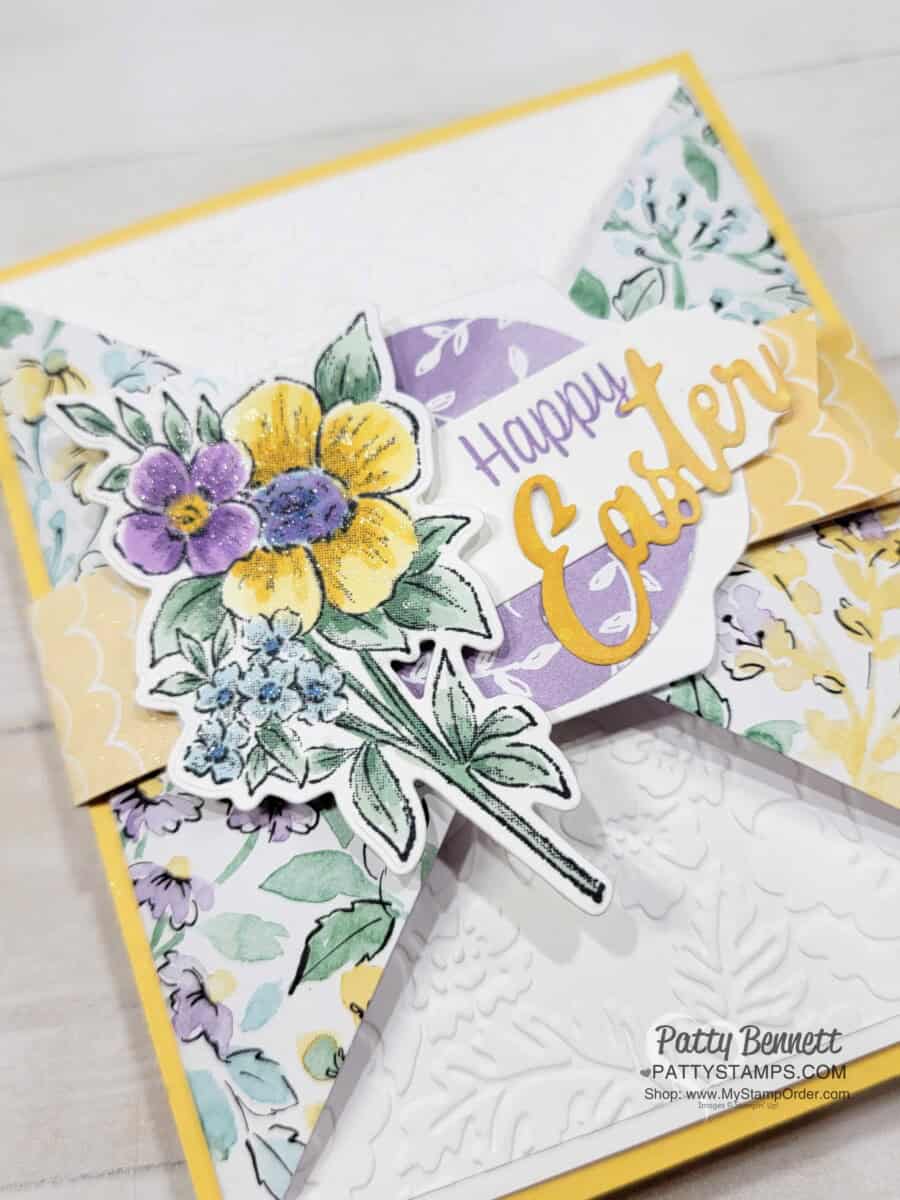 Double Triangle fun fold card for Easter with Hand-Penned designer paper and Word Wishes dies by Patty Bennett
