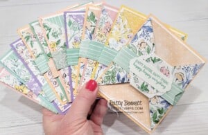 Hand-Penned designer paper Double Triangle fun fold cards for Easter, birthday and thank you, by Patty Bennett