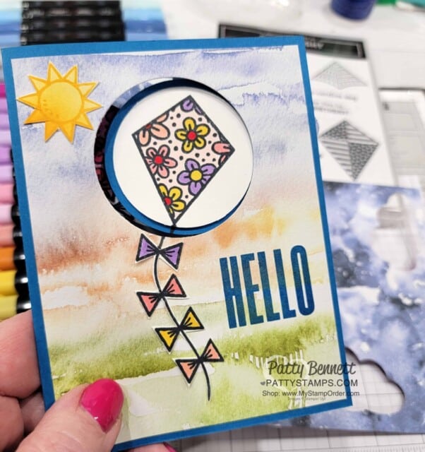 Peekaboo Circle Fun Fold card featuring Kite Delight stamp set and New Horizons designer paper