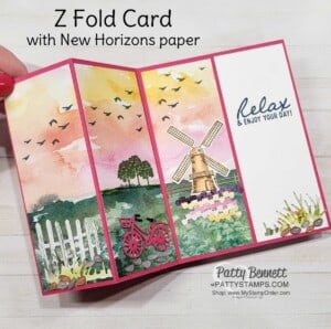 Stampin' UP! Tulip Fields dies windmill card featuring Z Fold design. New Horizons suite cardmaking products complete the card. Video tutorial by Patty Bennett