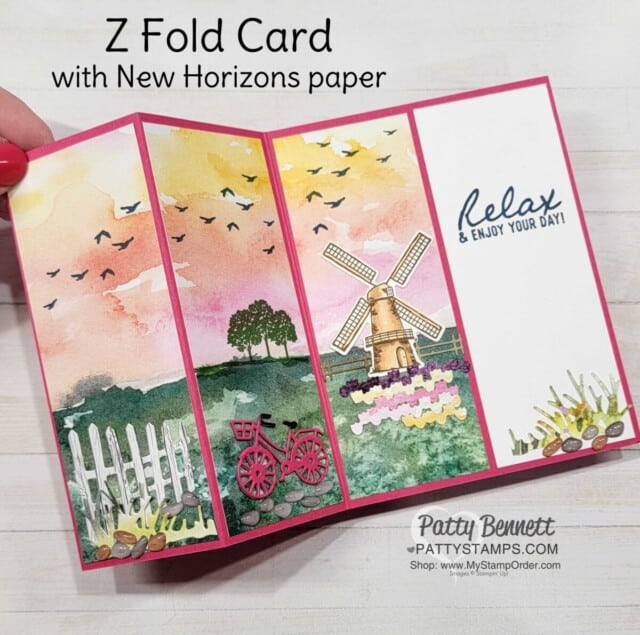 Stampin' UP! Tulip Fields dies windmill card featuring Z Fold design. New Horizons suite cardmaking products complete the card. Video tutorial by Patty Bennett