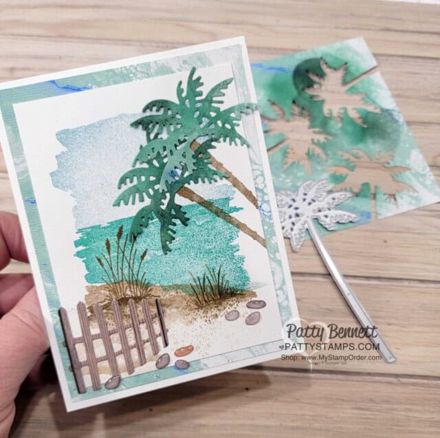 Oceanfront card featuring the Horizons dies fence and Paradise Palms, by Patty Bennett