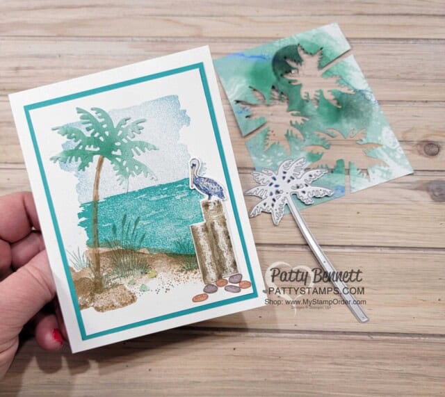 Simple Stamping card idea featuring the Oceanfront set, palm tree from Paradise Palms and Waves of the Ocean Pelican, by Patty Bennett