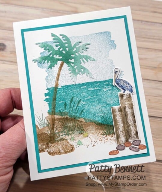 Simple Stamping card idea featuring the Oceanfront set, palm tree from Paradise Palms and Waves of the Ocean Pelican, by Patty Bennett