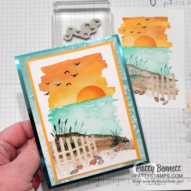 Sunset card: Oceanfront card featuring the Horizons dies fence and pebbles, with birds from the On the Horizons set, by Patty Bennett