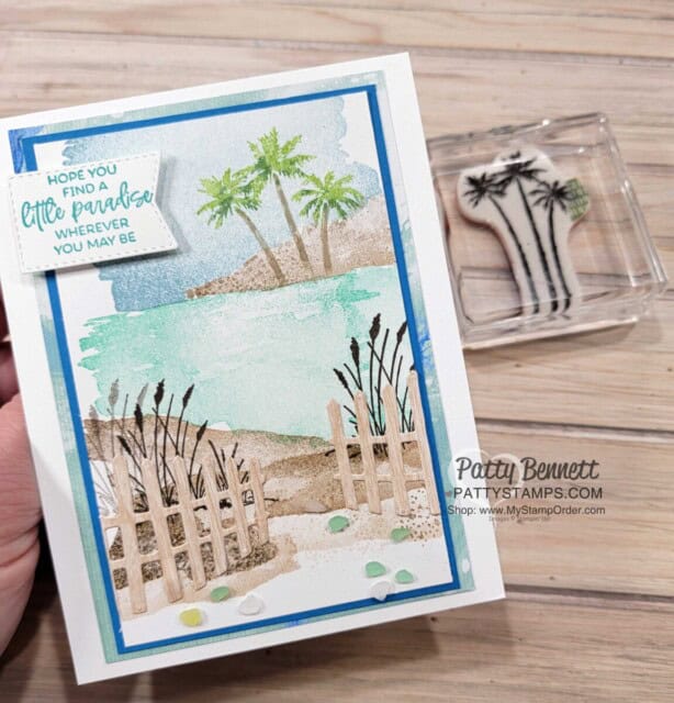 Oceanfront card featuring the Horizons dies fence and small Paradise Palms, by Patty Bennett