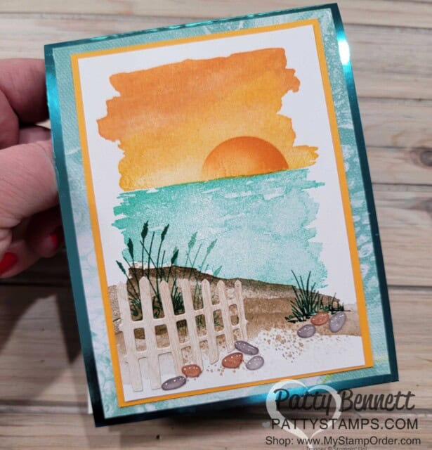Sunset card: Oceanfront card featuring the Horizons dies fence and pebbles, by Patty Bennett